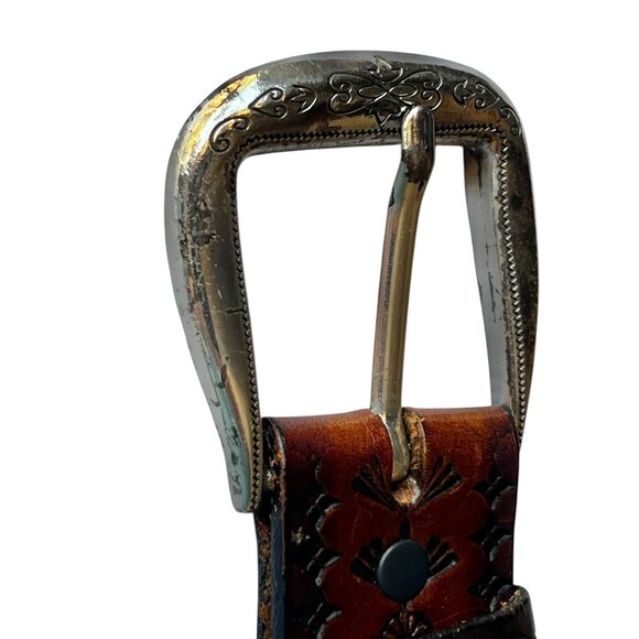 Brighton Leather Belt Floral Embossed Patterns & Silver Tone Buckle 33"-37" - Picture 12 of 16